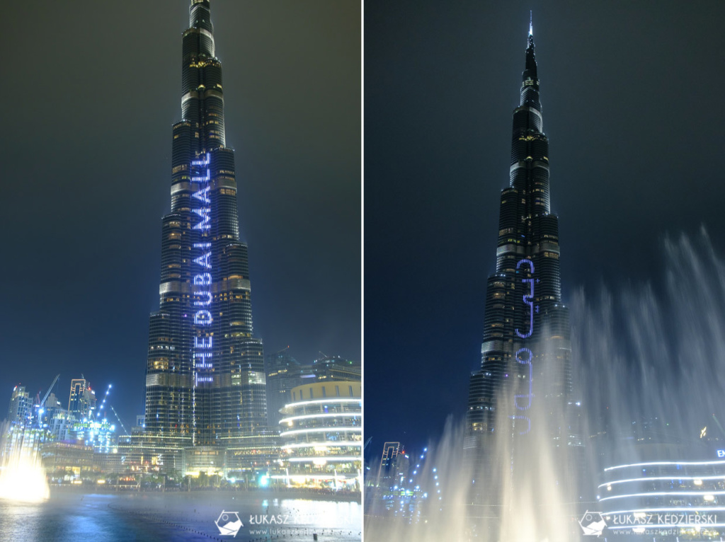 Dubai Fountain - pokaz fontann i Burj Khalifa na nocnych zdjęciach